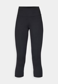 Schwarze Capri-Leggings aus glattem, elastischem Material. Sie haben einen hohen Bund und eine Länge bis zur Mitte der Waden, ohne sichtbare Muster oder Akzente.