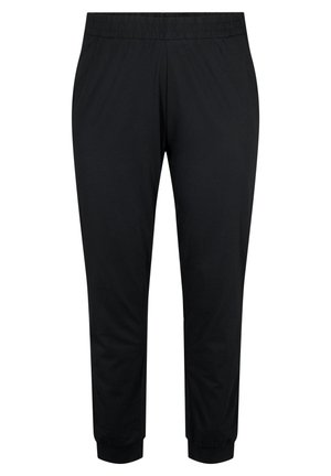 Black, elastic-waist pants with a loose fit and cuffed ankles; smooth texture, lightweight material, designed for comfort and ease of movement.