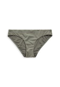 Bikini dolne w oliwkowym kolorze z gładką teksturą tkaniny, średnim stanem i bezszwowymi brzegami. Minimalistyczny design bez widocznych wzorów czy akcentów.
