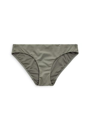 Olivgrön bikiniunderdel med slät tygtextur, mellanhög skärning och sömlösa kanter. Minimalistisk design utan synliga mönster eller detaljer.