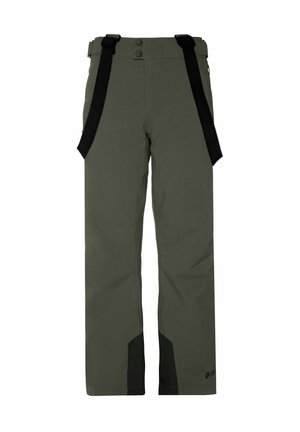 Groene outdoorbroek met zwarte verstelbare banden, twee knopen, voorkomende onderbenen en een gladde structuur. Geschikt voor verschillende activiteiten.