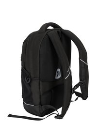 Zaino nero con schienale in mesh imbottito e spallacci, multiple tasche e dettagli riflettenti. Presenta un design in tessuto resistente e una forma ergonomica.