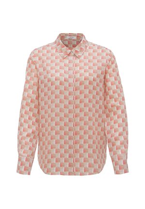 Langärmliges Hemd mit Knopfleiste aus leichtem Stoff in einem rot-weißen geometrischen Muster. Verfügt über einen spitzen Kragen und einen geraden Schnitt.