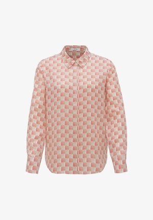 Langärmliges Hemd mit Knopfleiste aus leichtem Stoff in einem rot-weißen geometrischen Muster. Verfügt über einen spitzen Kragen und einen geraden Schnitt.