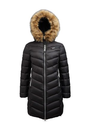 Black puffer coat with a chevron pattern, featuring a fur-lined hood, zippered front, and two side pockets. Made from water-resistant material.