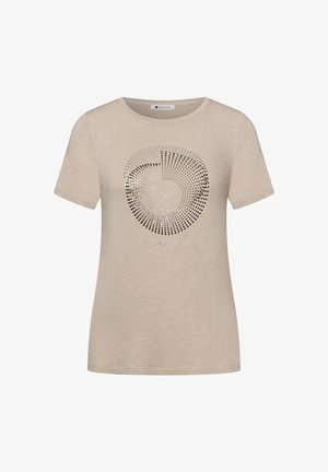 Beige T-Shirt mit kurzen Ärmeln und rundem Halsauschnitt, mit einem kreisförmigen Punktmuster und dem Wort "SOLEIL" in kleinen Buchstaben darunter.