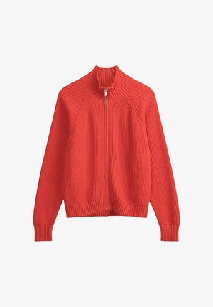 Geribbelde zip-up trui in levendig oranje, met een hoge kraag en lange mouwen, gemaakt van een textuur gebreid materiaal.