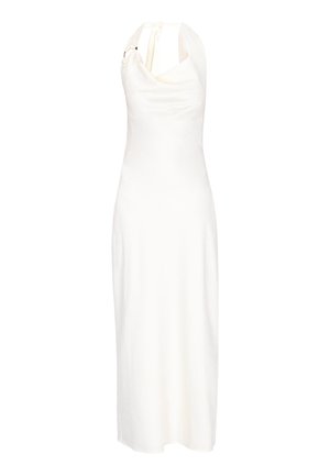 Langes weißes Satinkleid mit Neckholder, drapiertem Vorderteil und knöchellangem Saum.