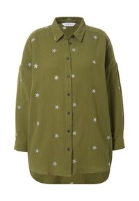 Olijfgroene button-up shirt van textuurstof, met geborduurde zilveren sterren en een ontspannen pasvorm met een gebogen zoom.