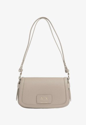 Borsa a tracolla rettangolare beige con doppie cinghie regolabili e patch frontale con logo con lettere in rilievo "A|X".