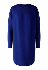 Abito di maglia blu a maniche lunghe con scollatura rotonda, vestibilità rilassata e fessure laterali. Texture morbida, lunghezza a metà coscia e design minimale.