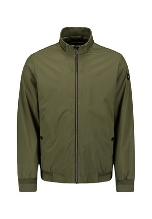 Olijfgroene lichtgewicht jas met een hoge kraag, een ritssluiting aan de voorkant, elastische manchetten en zijzakken. Glad materiaal en minimalistisch ontwerp.