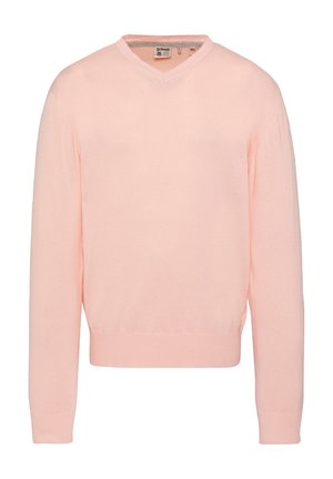 Pull en tricot rose clair à col en V et manches longues, avec poignets et ourlet côtelés, présenté sur un fond blanc.