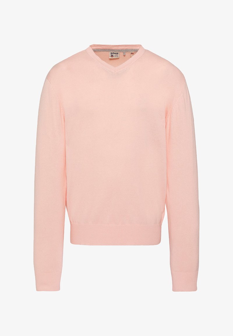 Pull en tricot rose clair à col en V et manches longues, avec poignets et ourlet côtelés, présenté sur un fond blanc.