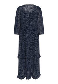 Marineblaues Kleid mit Polka-Dots aus leichtem Stoff, mit dreiviertellangen Ärmeln, einem gerafften Saum und einem taillierten Oberteil.