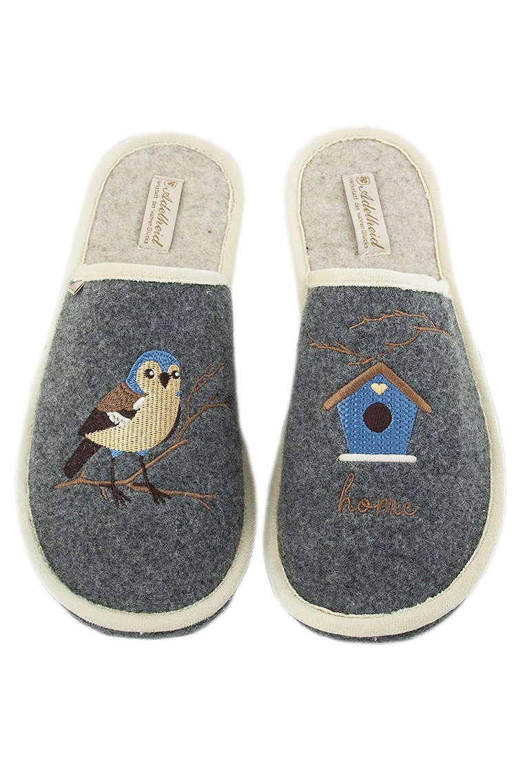 Gray felt slippers with cream lining, featuring embroidered bird and birdhouse designs with the word "home" in brown. Soft, cozy texture.