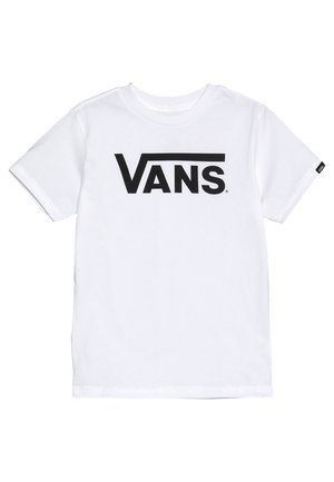 Witte katoenen T-shirt met een groot zwart "VANS" logo aan de voorkant. Korte mouwen en een ronde hals. Eenvoudig ontwerp zonder extra patronen.