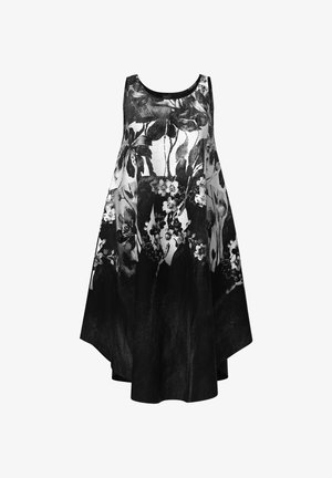 Ärmelloses schwarz-weißes Blumenkleid mit lockerer, fließender A-Linien-Silhouette und rundem Ausschnitt.