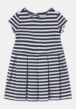 Kurzärmeliges Kleid für Kinder in Marineblau und Weiß mit horizontalen Streifen, rundem Ausschnitt und plissiertem Rock.