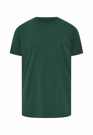 Dunkelgrünes Baumwoll-T-Shirt mit kurzen Ärmeln und Rundhalsausschnitt in regulärer Passform, dargestellt vor weißem Hintergrund.