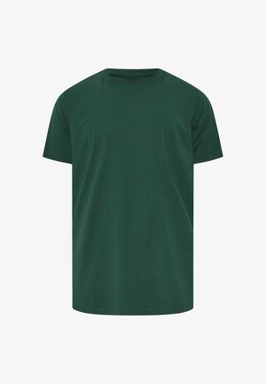 Mørkegrøn kortærmet t-shirt i bomuld med rund hals og almindelig pasform, vist på en hvid baggrund.