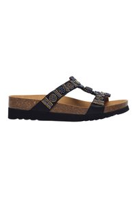 Sort thong-sandal med kork-fodersål. Har udsmykkede stropper med farverige perler og en struktureret gummisål.