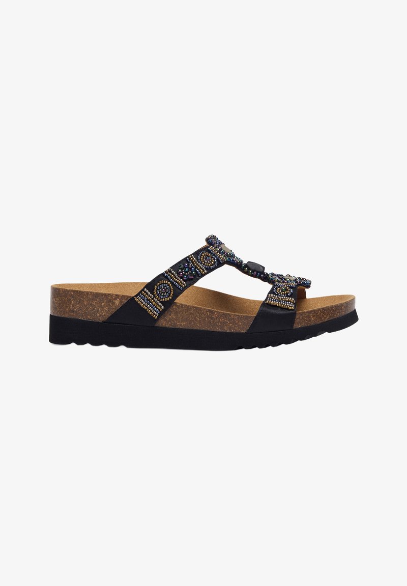 Zwarte sandaal in thong-stijl met een kurken voetbed. Voorzien van versierde banden met kleurrijke kralen en een gestructureerde rubberen buitenzool.