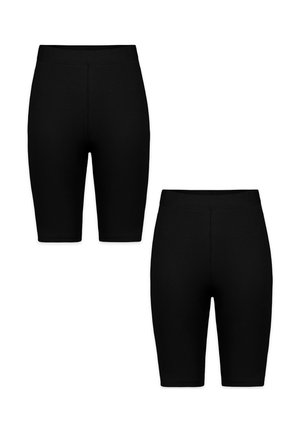 Zwei Paar schwarze, gerippte, knielange Shorts, von vorne und hinten gezeigt mit elastischen Taillenbändern vor weißem Hintergrund.