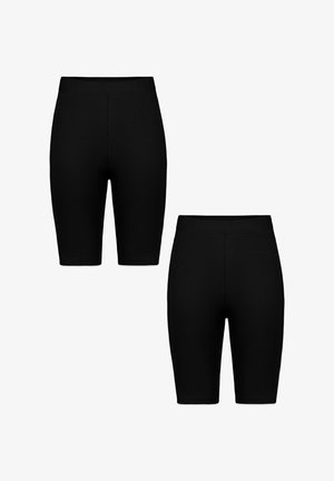 Zwei Paar schwarze, gerippte, knielange Shorts, von vorne und hinten gezeigt mit elastischen Taillenbändern vor weißem Hintergrund.
