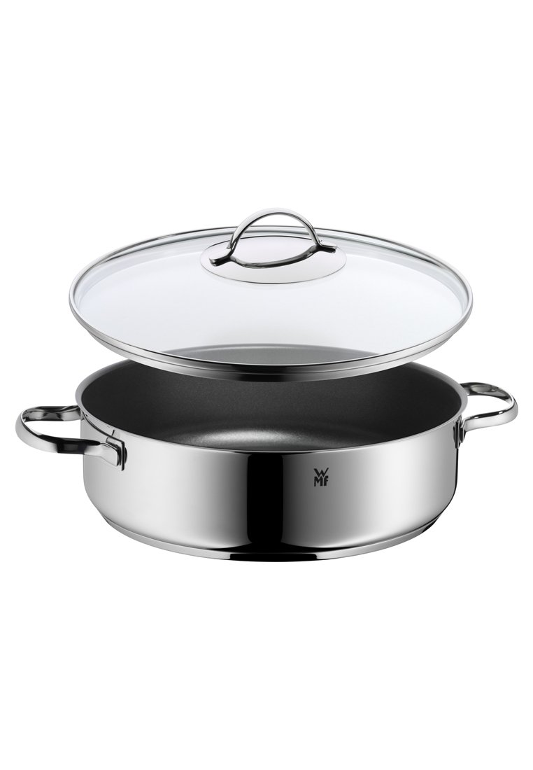 Edelstahl Kochgeschirr mit antihaftbeschichtetem Innenraum, runder Form, silberner Oberfläche, doppelten Griffen und einem klaren Glasdeckel.