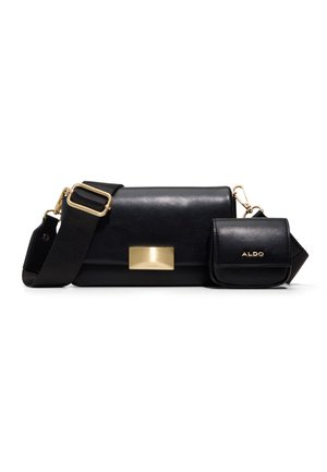 Sac bandoulière en cuir noir avec une large sangle réglable et une petite pochette à pièces attachée, tous deux équipés de ferrures dorées et de la marque ALDO.