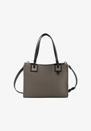 Sac à main texturé gris avec poignées noires, accents en métal argenté et bandoulière détachable. Détails carrés sur le devant.