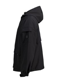 Black windbreaker jacket with a hood, side pockets, and adjustable cuffs. Made from lightweight material with a textured finish.
