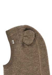 Brown fleece hood with rounded top and small accent. Soft texture, stitched edges, and a tag visible on the side. Simple, functional design.