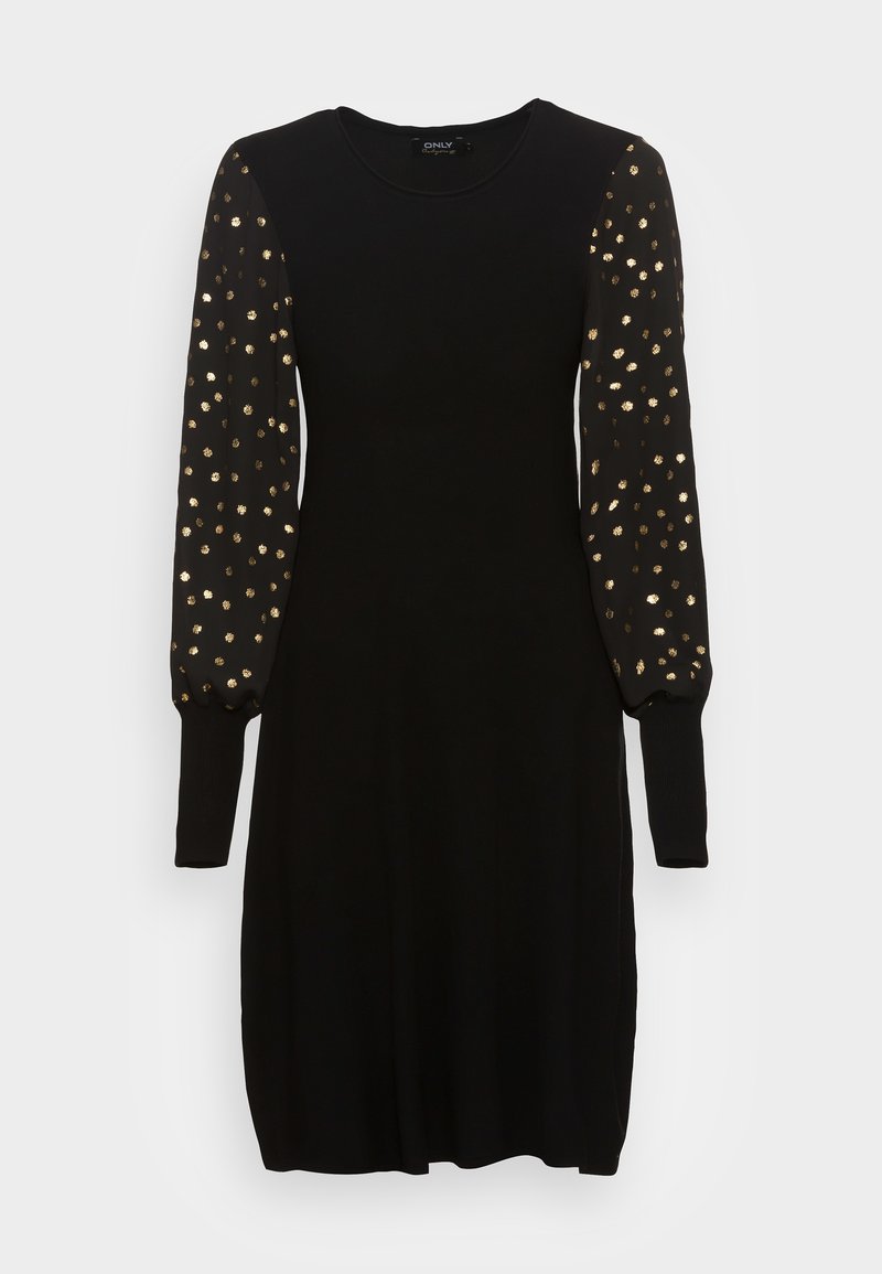 Robe noire mi-longue aux genoux avec manches longues transparentes décorées de petits pois métalliques dorés et poignets ajustés.