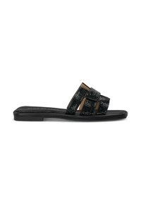 Chanclas negras con tiras trenzadas de patrón texturizado, diseño de punta abierta y suela plana de goma.