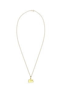 Gouden ketting met een dunne schakel en een kleine olifantenhanger, gedetailleerd met een ronde accent voor het oog. Eenvoudig ontwerp en gepolijste afwerking.