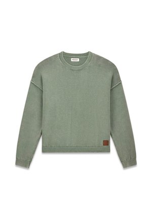 Svetlozelený pulóver so žíhaným výstrihom a manžetami. Na dolnej ľavej strane je hnedá kožená značka. Mäkká pletená textúra.