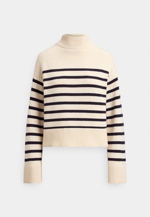 Cream and navy striped knit sweater with a high collar, ribbed cuffs, and hem. Cropped design with soft texture and long sleeves.