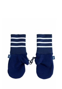 Moufles en polaire bleu marine avec des poignets tricotés rayés. Présentent un motif de rayures blanches et bleu marine et un cordon de raccordement pour un port sécurisé.