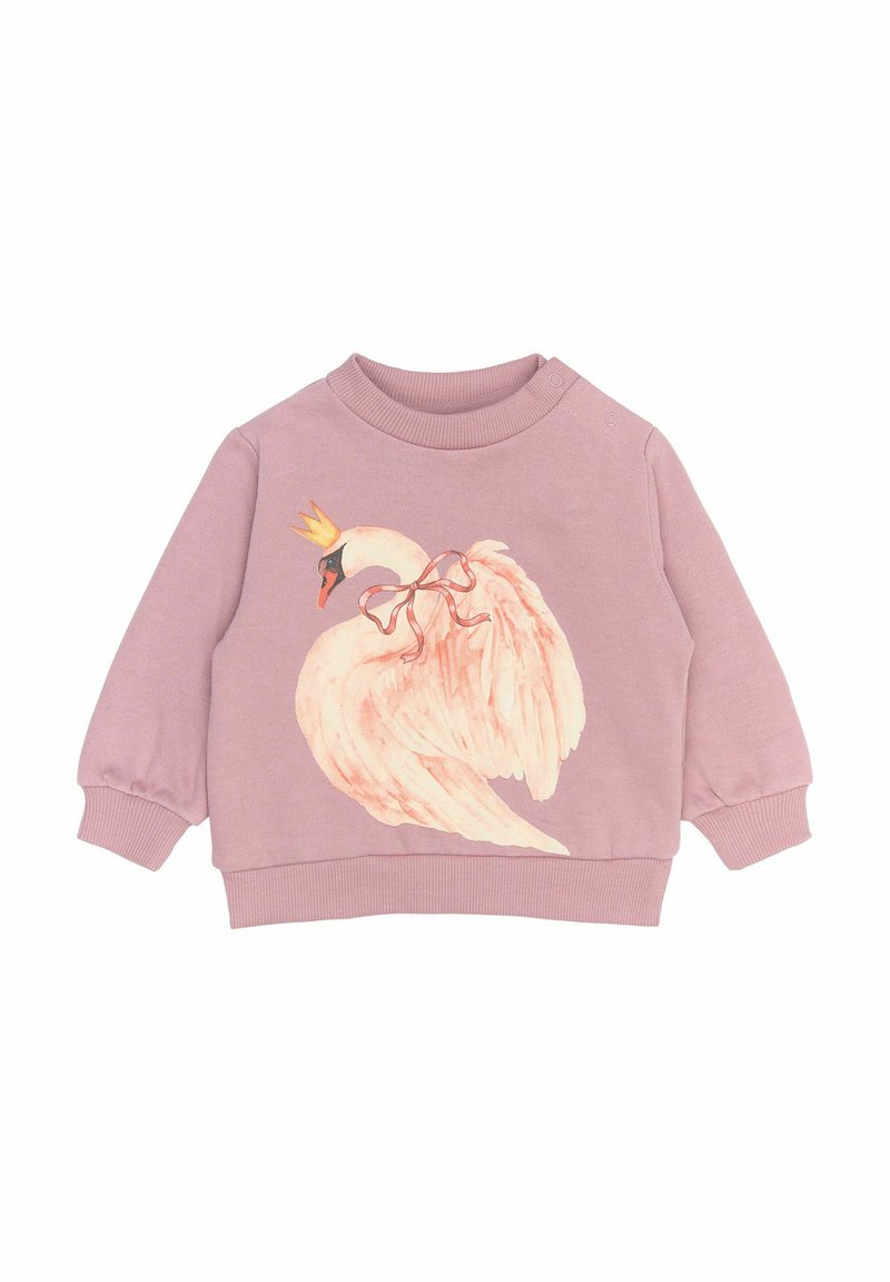 Lilla laste sweatshirt, mille esiküljel on prinditud luik, kes kannab kuldtrooni ja roosa lipsu, ribatud varrukate ja servadega.