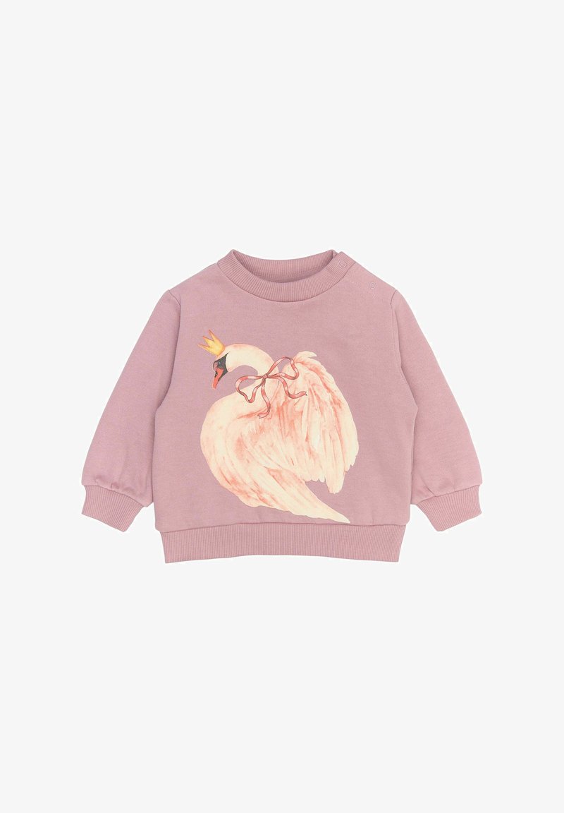 Lilla børnesweater med en svane iført en gylden krone og pink sløjfe trykt på fronten, med ribbede manchetter og kant.
