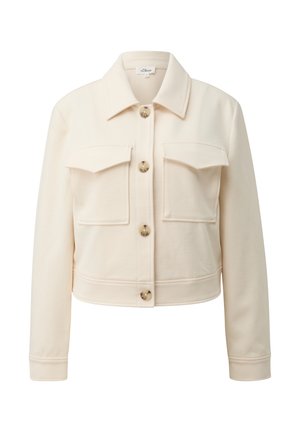 Cremefarbene, kurz geschnittene Jacke mit langen Ärmeln, zwei vorderen Klappentaschen, einem Kragen und vier marmorierten Knöpfen in der Mitte.