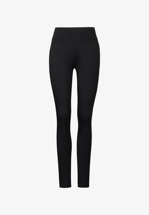 Leggings neri realizzati in tessuto elasticizzato, dotati di una vita alta e una superficie liscia. Il design è attillato senza motivi o dettagli hardware.