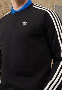Man som bär en svart Adidas sweatshirt med vita tre ränder på ärmarna och trefoil-logotypen på bröstet över en blå skjorta.