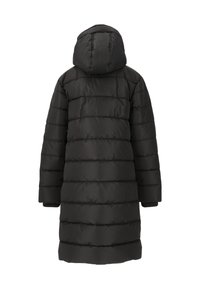 Schwarze, kapuzenlose Daunenjacke mit einem gesteppten Design, bestehend aus dick isolierten Paneelen und weiten Ärmeln. Glatte Textur und durchgehender Schnitt.