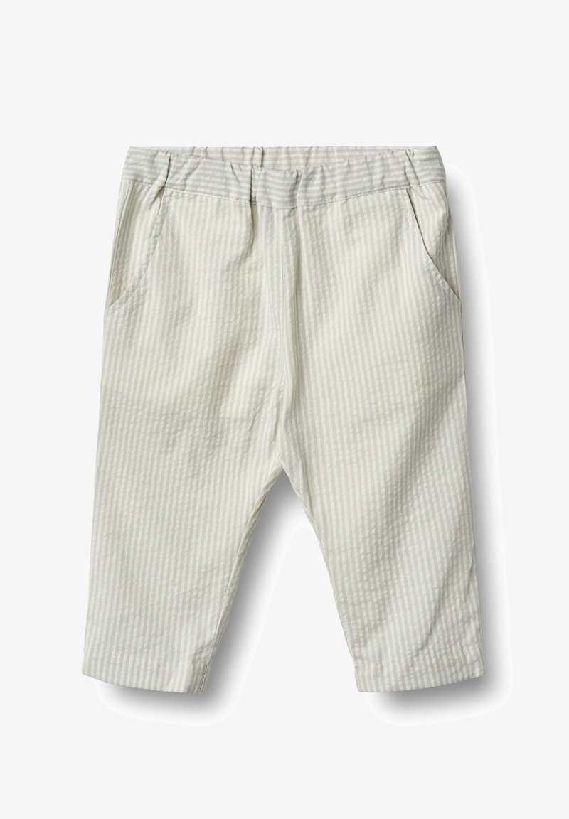Pantalon rayé de couleur claire en tissu doux, à coupe ample, avec une taille élastique et des poches latérales.