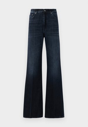 Jeans wide-leg a vita alta di colore blu scuro, con tasche frontali, passanti per cintura e chiusura con bottoni e zip.