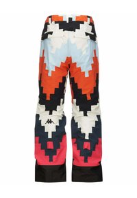 Pantaloni da sci con un motivo geometrico in arancione, blu navy, nero e bianco. Realizzati in tessuto resistente, presentano un orlo nero e tasche posteriori.