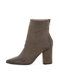 Braune Wildleder-Ankle-Boots mit spitzer Zehenpartie, hohem Blockabsatz und seitlichem Reißverschluss, ausgestattet mit glatter Textur und minimalen Nähten.